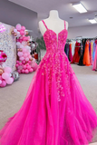 Pink evening gown on a mannequin in a store with balloons and other dresses in the background.