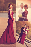 Woman in a burgundy evening gown with lace detailing by a lake, with inset images of a couple and a man kissing.