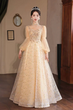 Champagne Gold Sequin Ball Gown with Illusion Neckline and Puff Sleeves PFP3035
