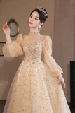 Champagne Gold Sequin Ball Gown with Illusion Neckline and Puff Sleeves PFP3035