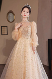 Champagne Gold Sequin Ball Gown with Illusion Neckline and Puff Sleeves PFP3035
