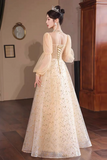 Champagne Gold Sequin Ball Gown with Illusion Neckline and Puff Sleeves PFP3035