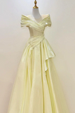 Off the Shoulder Yellow Satin Beaded Long Prom Dresses, Long Formal Graduation Dresses PFP3036