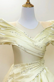 Off the Shoulder Yellow Satin Beaded Long Prom Dresses, Long Formal Graduation Dresses PFP3036