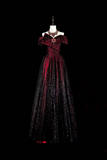 A Line Off Shoulder Tulle Sequin Burgundy Black Long Prom Dress PFP3037