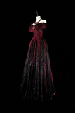 A Line Off Shoulder Tulle Sequin Burgundy Black Long Prom Dress PFP3037