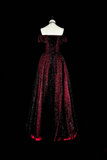 A Line Off Shoulder Tulle Sequin Burgundy Black Long Prom Dress PFP3037