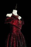 A Line Off Shoulder Tulle Sequin Burgundy Black Long Prom Dress PFP3037