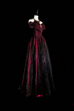 A Line Off Shoulder Tulle Sequin Burgundy Black Long Prom Dress PFP3037