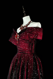 A Line Off Shoulder Tulle Sequin Burgundy Black Long Prom Dress PFP3037