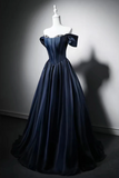 Navy Blue Off Shoulder Satin Ball Gown with Corset Back and Beaded Neckline PFP3038