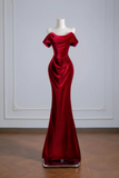 Burgundy Velvet Off The Shoulder Mermaid Gown with Ruched Bodice PFP3048
