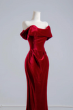 Burgundy Velvet Off The Shoulder Mermaid Gown with Ruched Bodice PFP3048