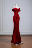 Burgundy Velvet Off The Shoulder Mermaid Gown with Ruched Bodice PFP3048