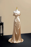 Champagne Gold Off Shoulder Satin Evening Gown with Draped Bodice PFP3049