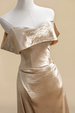 Champagne Gold Off Shoulder Satin Evening Gown with Draped Bodice PFP3049