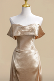 Champagne Gold Off Shoulder Satin Evening Gown with Draped Bodice PFP3049