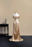 Champagne Gold Off Shoulder Satin Evening Gown with Draped Bodice PFP3049