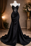 Black evening gown on a mannequin against a decorative background