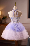 Mannequin wearing a decorative dress with a white bottom and purple top on a neutral background