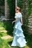 Mermaid Off Shoulder Silk Floor Length Blue Prom Dress, Blue Evening Dress PFP3057