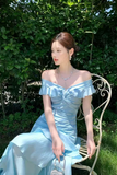 Mermaid Off Shoulder Silk Floor Length Blue Prom Dress, Blue Evening Dress PFP3057
