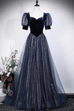 Navy Blue Velvet and Sequin Tulle Gown with Puff Sleeves PFP3058