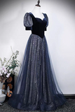 Navy Blue Velvet and Sequin Tulle Gown with Puff Sleeves PFP3058