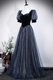 Navy Blue Velvet and Sequin Tulle Gown with Puff Sleeves PFP3058