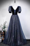 Navy Blue Velvet and Sequin Tulle Gown with Puff Sleeves PFP3058