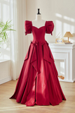 Burgundy Satin Long A Line Prom Party Dress with Puff Sleeves PFP3059