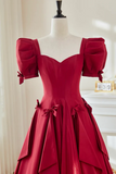Burgundy Satin Long A Line Prom Party Dress with Puff Sleeves PFP3059