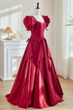 Burgundy Satin Long A Line Prom Party Dress with Puff Sleeves PFP3059