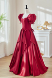 Burgundy Satin Long A Line Prom Party Dress with Puff Sleeves PFP3059