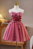 Strapless Short Pink Floral Prom Dresses, Formal Homecoming Dresses PFH0568