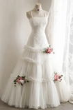 White Elegant Sweep Train Prom Dress with Layered Tulle Skirt PFP3060