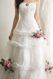 White Elegant Sweep Train Prom Dress with Layered Tulle Skirt PFP3060