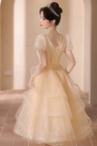 A woman wearing a pale gold ball gown with short puff sleeves, a lace-up lace back, and a tiered tulle skirt, standing in a softly lit indoor hallway.
