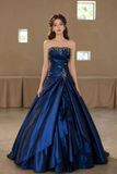 A Line Satin Blue Long Prom Dress, Long Evening Dress with Lace Sequin PFP3062