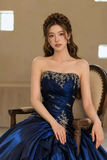 A Line Satin Blue Long Prom Dress, Long Evening Dress with Lace Sequin PFP3062