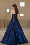 A Line Satin Blue Long Prom Dress, Long Evening Dress with Lace Sequin PFP3062
