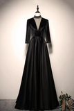 Black Velvet Long Sleeve Evening Gown with Satin Skirt
