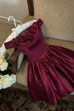 Wine Red Satin Knee Length with Flowers Party Dress, Wine Red Satin Homecoming Dress
