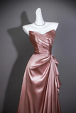 Pink Satin V-neckline A-line Long Formal Dress, Pink Off Shoulder Satin Evening Dress Prom Dress
