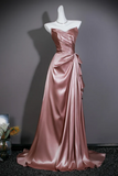Pink Satin V-neckline A-line Long Formal Dress, Pink Off Shoulder Satin Evening Dress Prom Dress
