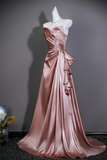 Pink Satin V-neckline A-line Long Formal Dress, Pink Off Shoulder Satin Evening Dress Prom Dress
