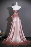 Pink Satin V-neckline A-line Long Formal Dress, Pink Off Shoulder Satin Evening Dress Prom Dress
