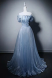 Light Blue Off-Shoulder Pleated A-Line Gown with Sequin Bodice
