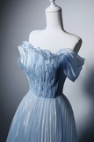 Light Blue Off-Shoulder Pleated A-Line Gown with Sequin Bodice
