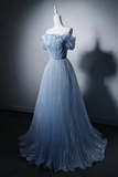 Light Blue Off-Shoulder Pleated A-Line Gown with Sequin Bodice
